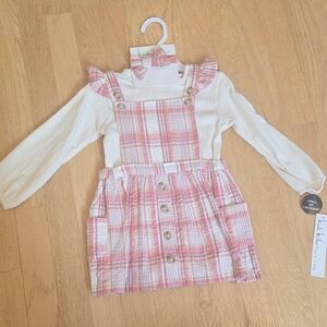 Nicole Miller NWT 24 Month Pink Plaid Overall Dress with White Top